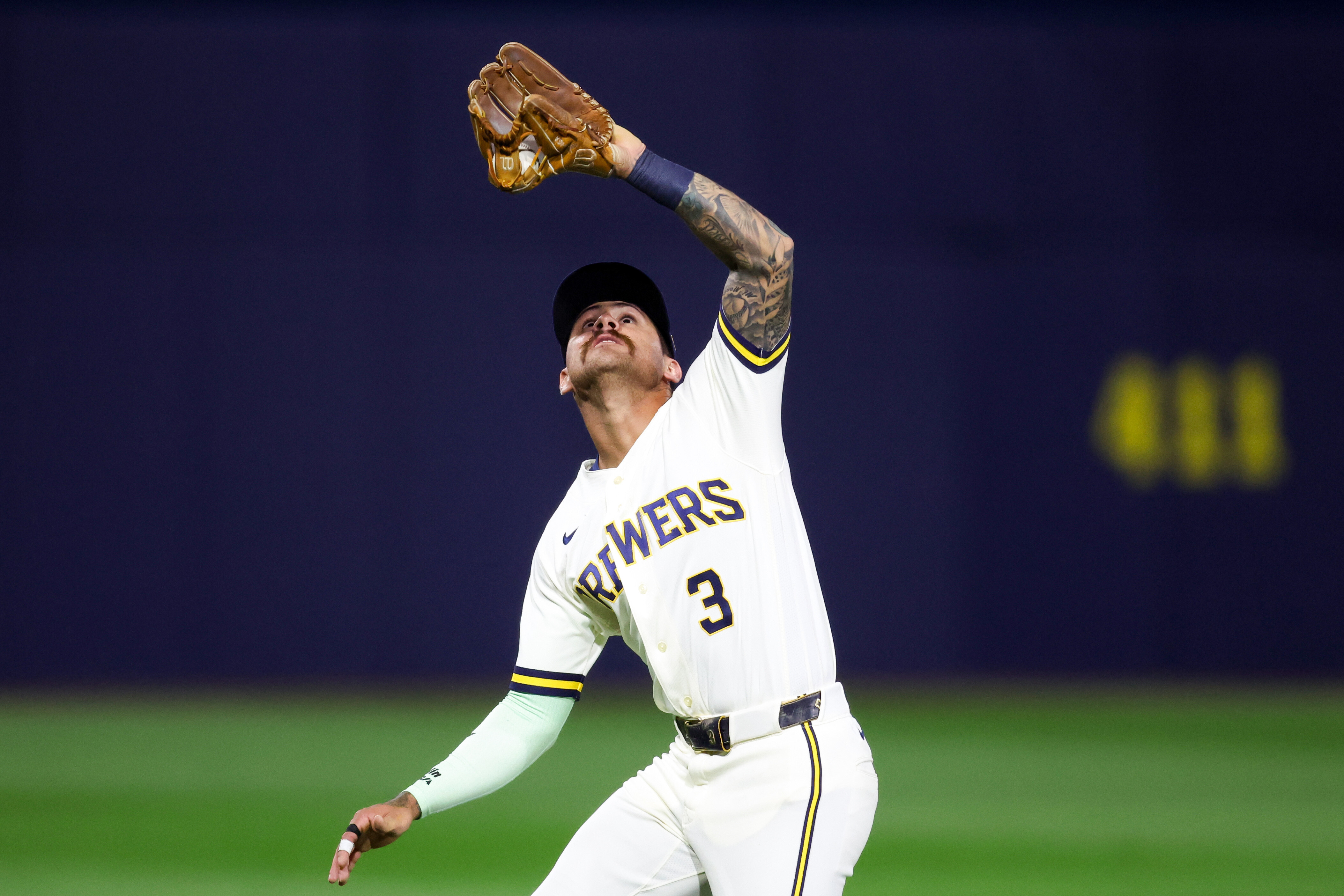 Aug 23, 2026; Williamsport, PA, USA;  Milwaukee Brewers shortstop Joey Ortiz (3) catches the fly ball for the final out during the fourth inning of the MLB Little League Classic against the Atlanta Braves at Journey Bank Ballpark at Historic Bowman Field.  Mandatory Credit: Matthew O'Haren-Imagn Images